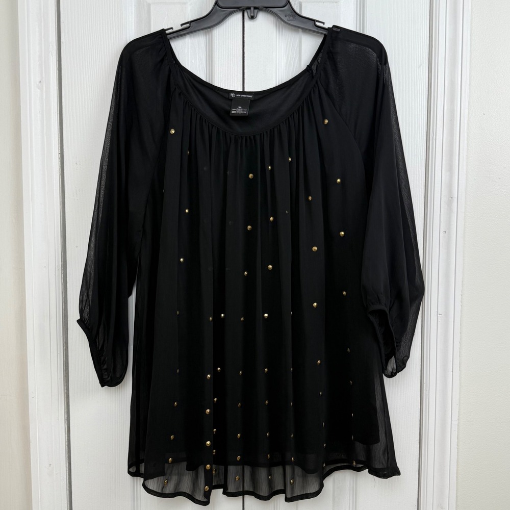NEW DIRECTIONS Black Sheer Studded Blouse Top‎ Shirt Womens XL Whimsical